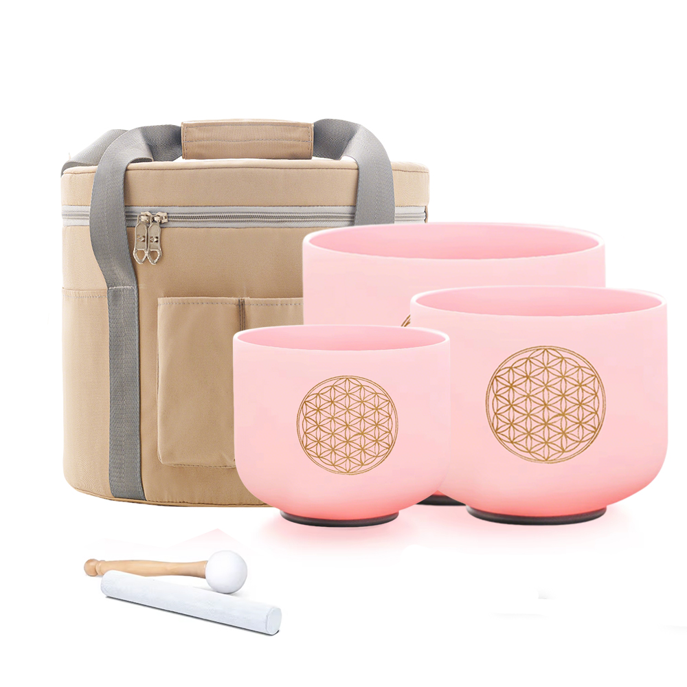 Healing Crystal Set - ヒエウン 7-11インチ ライフフラワーデザイン ピンククリスタルシンギングボウル チャクラ3個セット チベットボウル