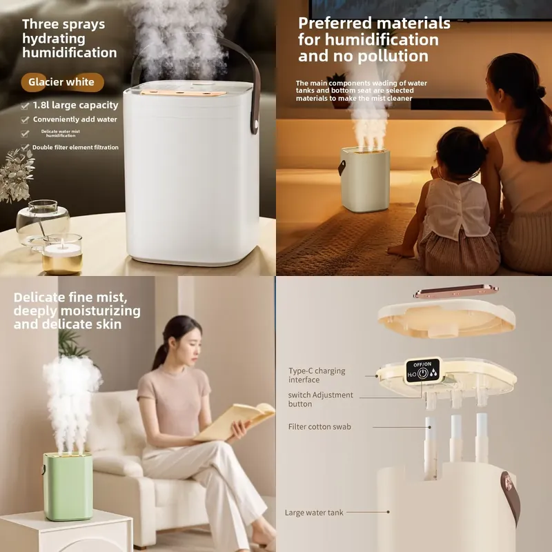 Aromatherapy Diffuser - USB 3 ノズル加湿器 1.8L 大容量空気加湿器アロマディフューザー LED