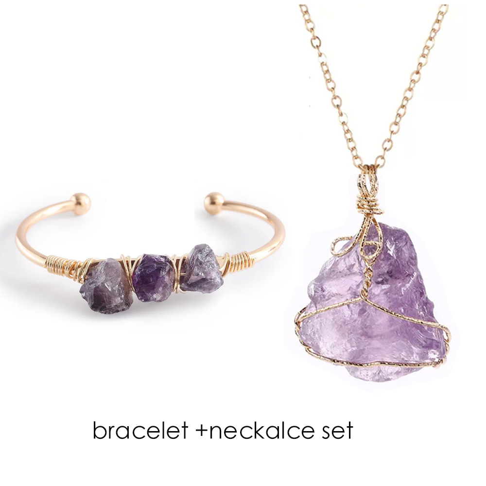 Healing Crystal Set - 女性用天然石のオープン手錠ブレスレット,ヒーリングクリスタル,真ちゅう製ワイヤーラップ,amethysts,ブレスレット,ビーズ,ネックレス,ジュエリーセット